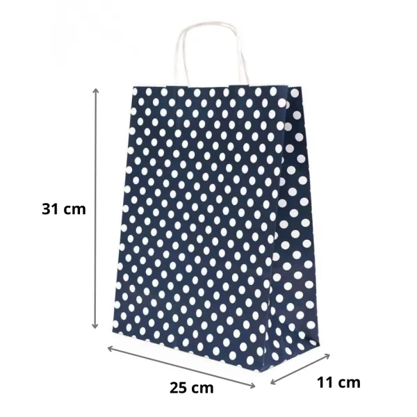 Punga hartie cu maner rasucit 25x11x31 cm, albastra cu buline