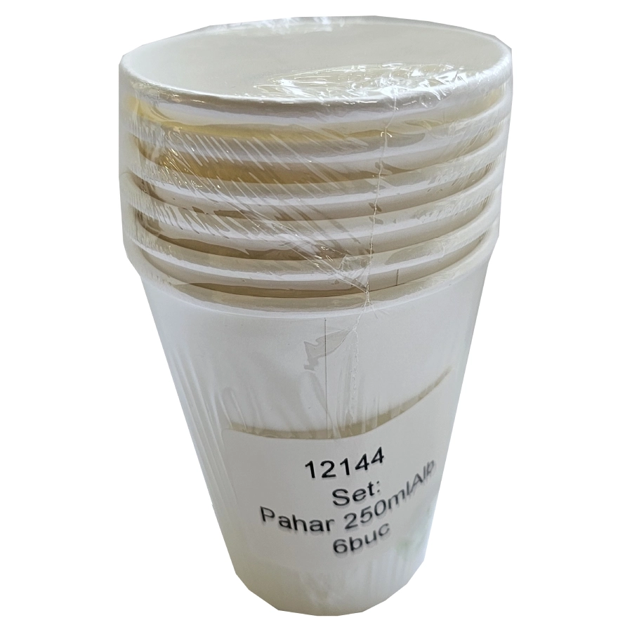 Set 6 pahare din hartie albe, 250 ml