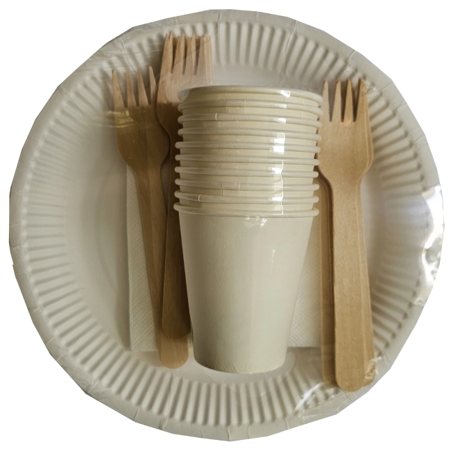 Eco set picnic: farfurii, pahare, furculite si servetele (6 buc.)